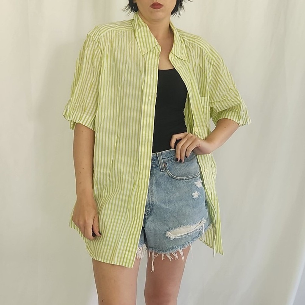 90s Green and White Striped Button Down Shirt